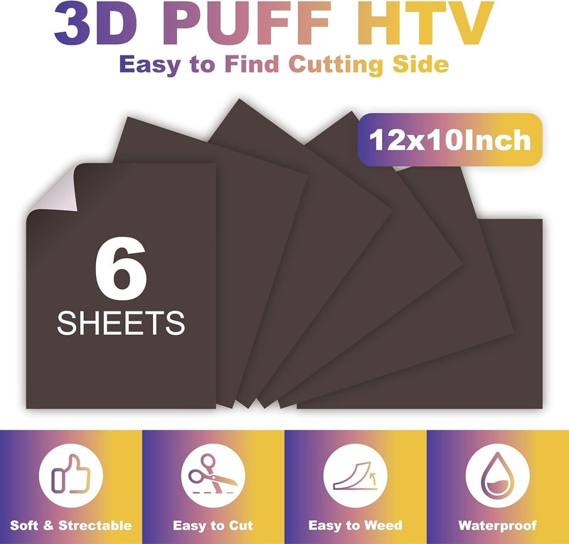 HTVJOYDO 6Pcs Puff Vinyl Heat Transfer, 12x10Inch Black Coffee 3D Puff HTV, DIY Iron-on Vinyl for T-Shirts, Easy to Cut and Weed, Compatible with Cricut or Cameo (6 Black Coffee Puff) - Image 4